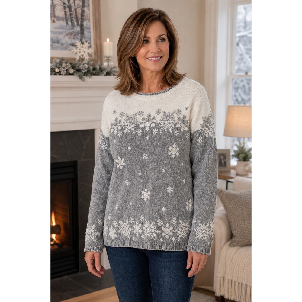 Alfred Dunner Sweater Women XL Gray White Snowflake Embroidered Chenille NWT